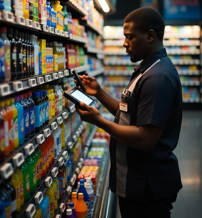 Employee viewing a tablet while standing in front of a shelf